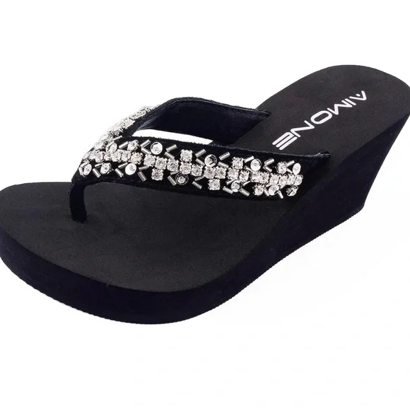 AIMONE-Appoline Wedge Flip Flop Sandals for Women Black Platform Sparkle - Picture 3 of 5